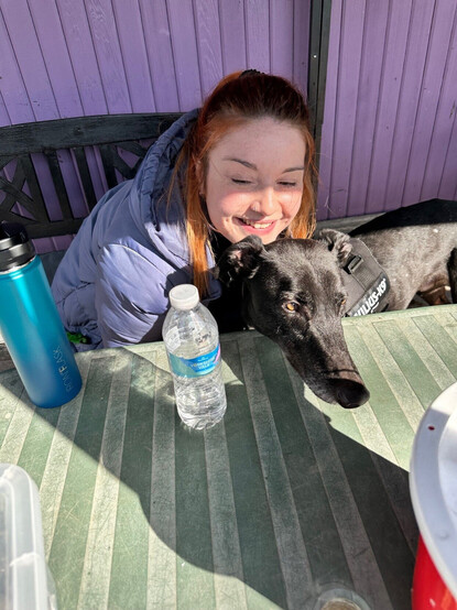 A photo of a smiling human sitting behind a picnic table with a black greyhound boy squeezed in front of her, His eyes are focuses off camera, probably at a bag of treats, and he stretches his head in that direction.