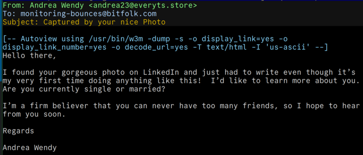 A screenshot of an email reading:

From: Andrea Wendy Eanarea23@everyts.store> ) )
To: monitoring-bounces@bitfolk.com
Subject: Captured by your nice Photo

Hello there,

I found your gorgeous photo on LinkedIn and just had to write even though it’s my very first time doing anything 1like this! 1I’d like to learn more about you. Are you currently single or married?

I’m a firm believer that you can never have too many friends, so I hope to hear from you soon.

Regards

Andrea Wendy 