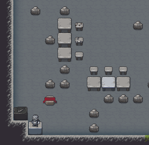 A screenshot from the video game Dwarf Fortress showing a room containing two statues in a corner, as well as an altar, six tables and chairs, and some boulders strewn about