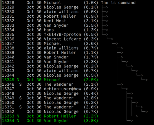 A screenshot of a text-based email client showing a single discussion thread. The subject of the thread is, "The ls command", and the thread is composed of 25 replies, some 5 or more l;evels deep, all received on the same day (30 October 2025). The same few names are represented over and over.